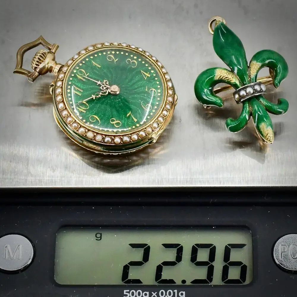 Antique 14K Gold Green Guilloche Enamel Ladies Pendant Watch & Pin Set - NW